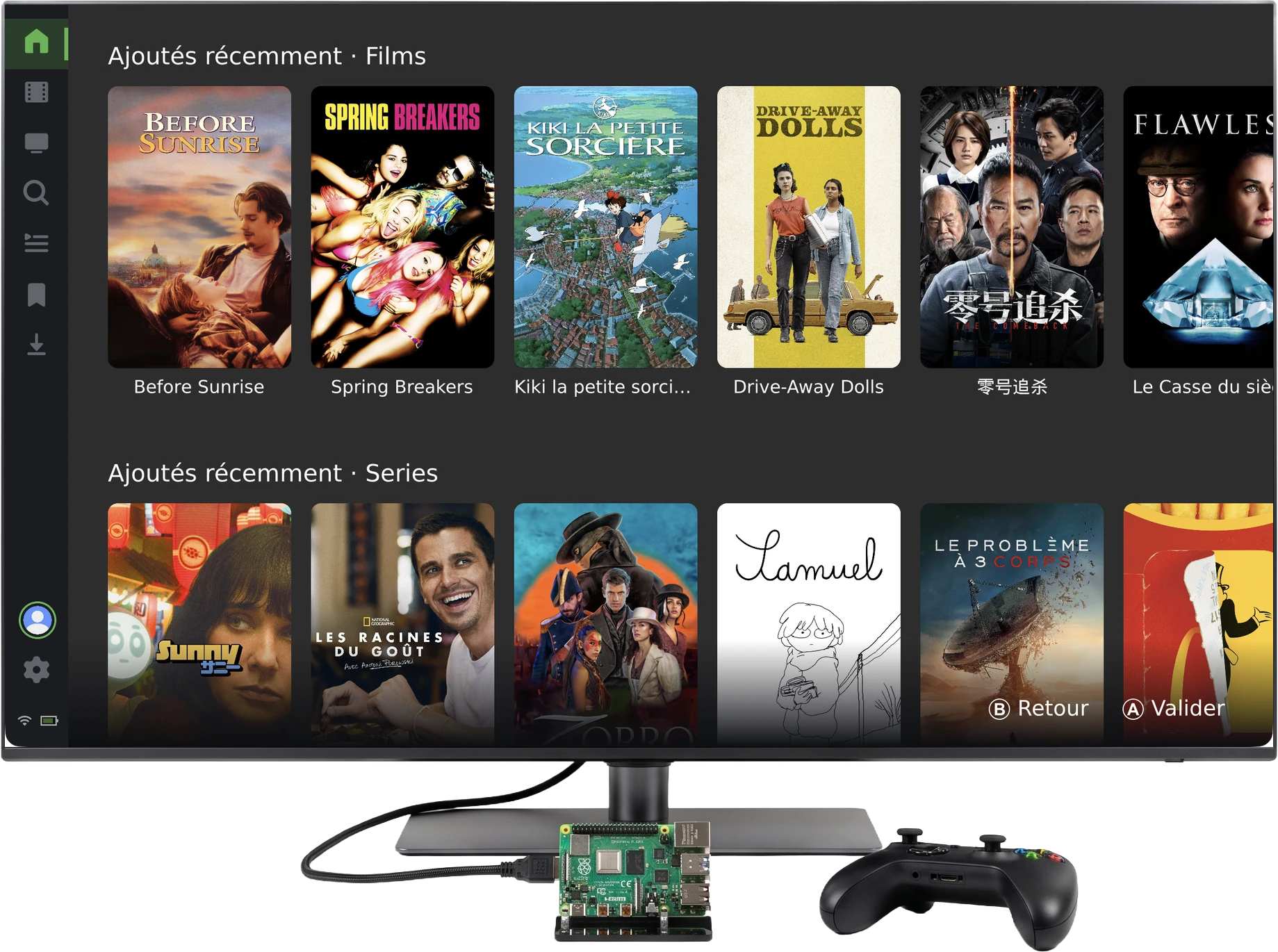 GMCA showing an Emby home screen on a Raspberry Pi wired to a TV