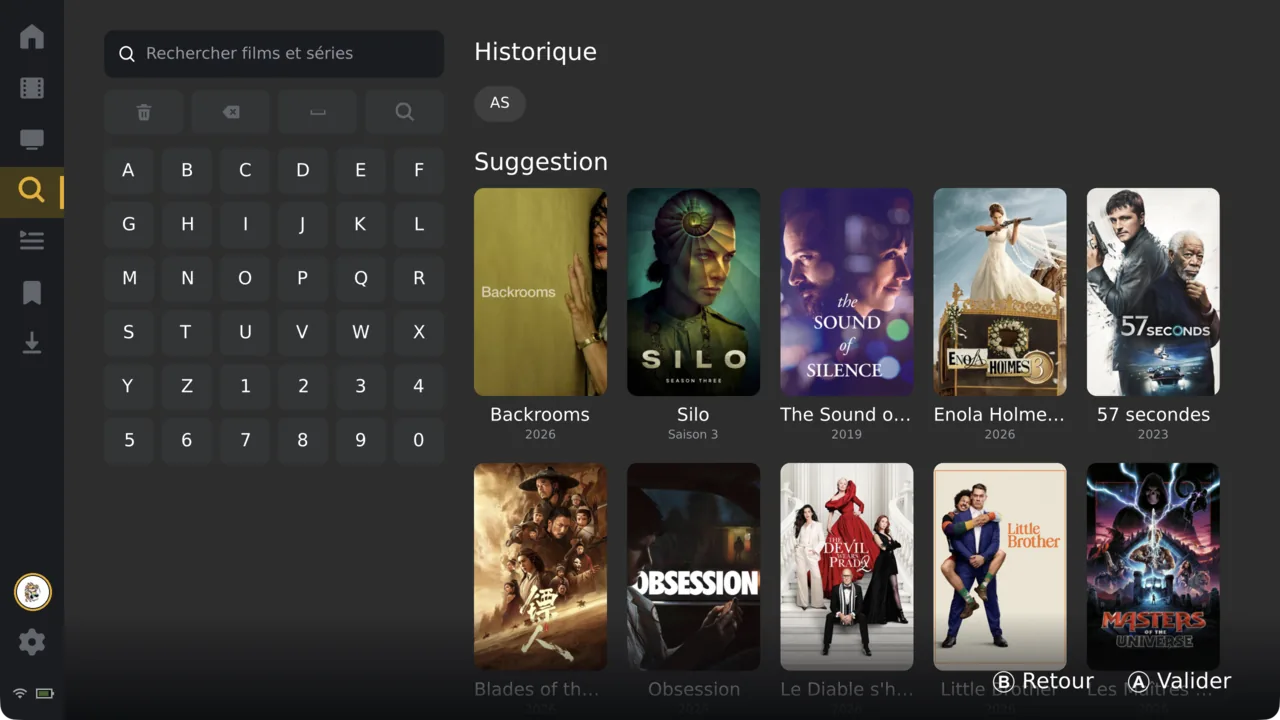 The on-screen search keyboard — the same layout across every server