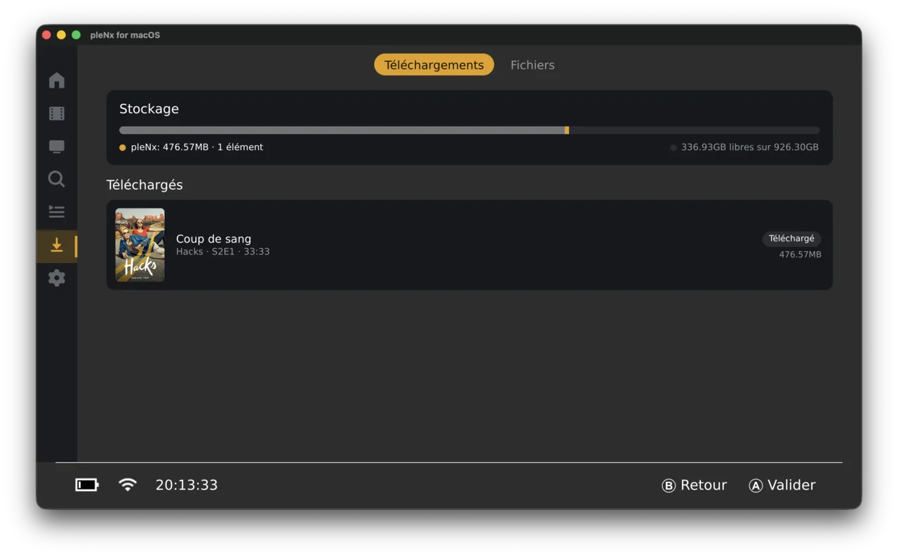 Downloads screen with storage gauge and active transfers