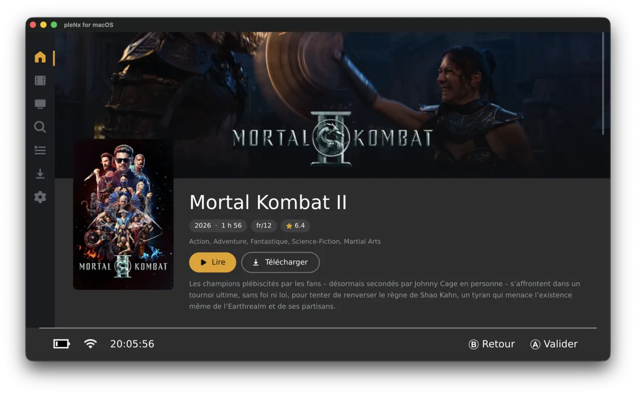 Movie detail page with full-bleed backdrop, title logo and action buttons