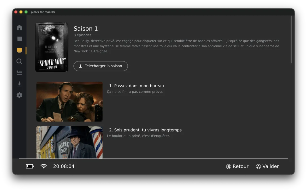 Season page with episode list and one-tap full-season download