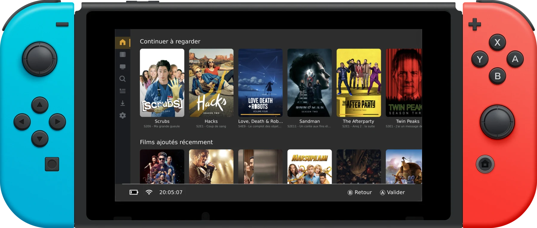 A Nintendo Switch console running pleNx: the home screen shows Continue Watching and recently added rows from a Plex server